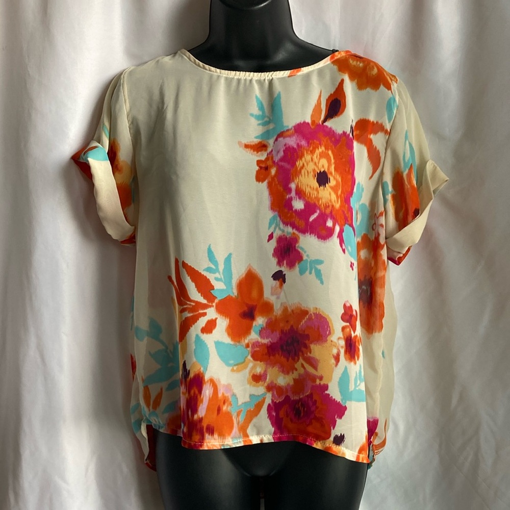 Sean John Floral Print Sheer Short Sleeves Blouse Size Medium